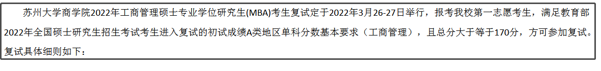 苏州大学商学院2022年MBA复试分数线
