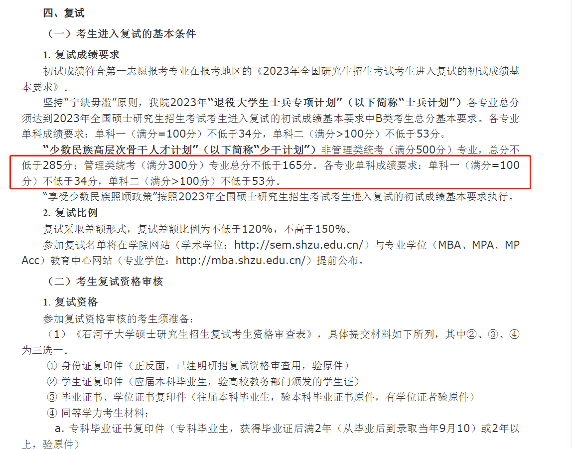 石河子大学经济与管理学院2023年MBA复试分数线