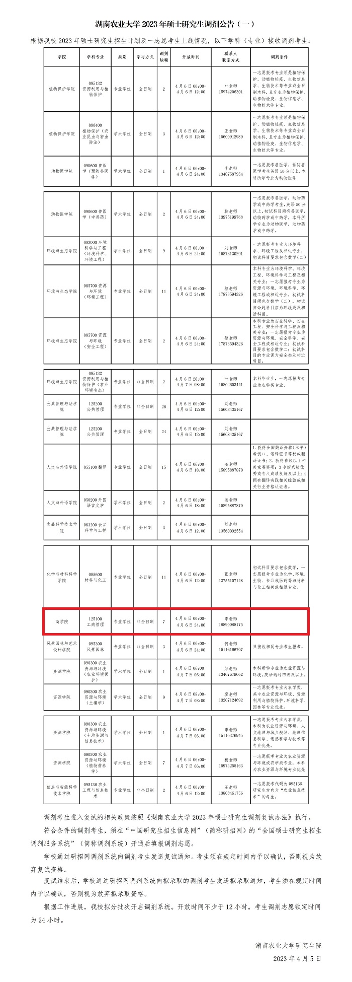 湖南农业大学2023年MBA调剂公告