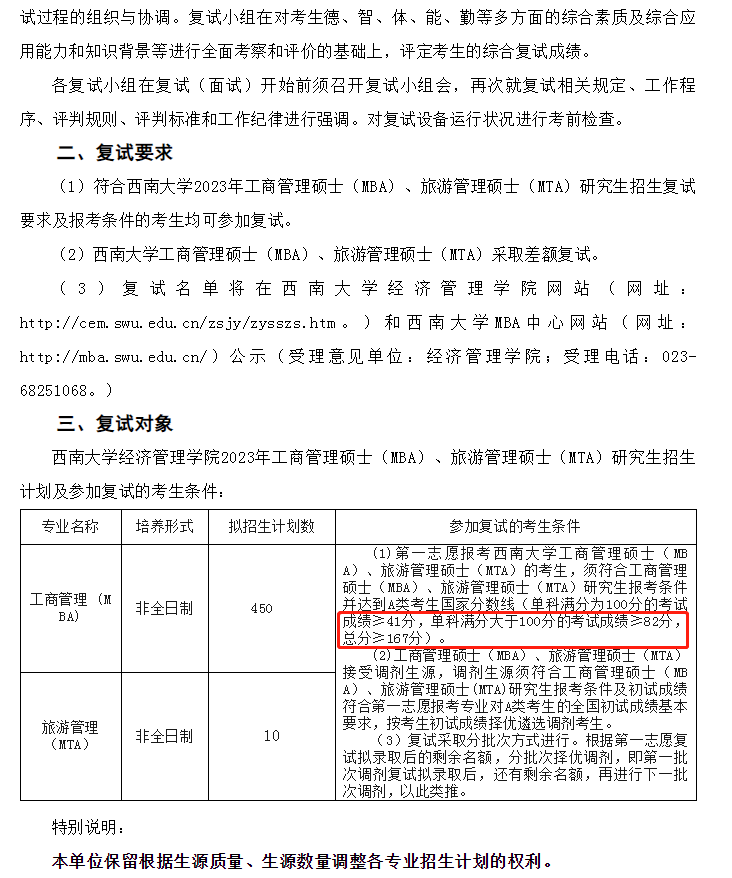 2023年西南大学MBA复试分数线