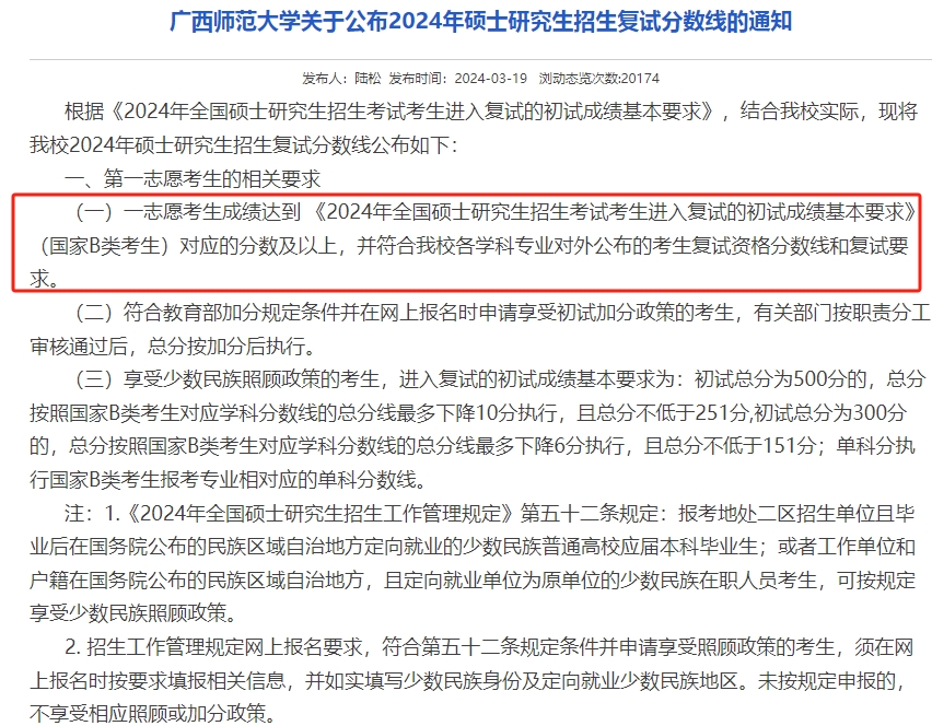 广西师范大学2024年MBA复试分数线