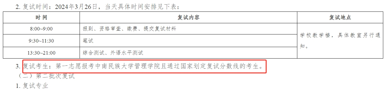 中南民族大学2024年MBA复试分数线