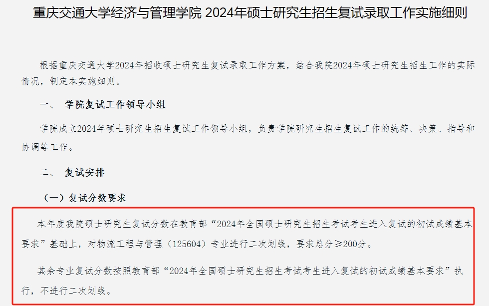 重庆交通大学2024年MBA复试分数线