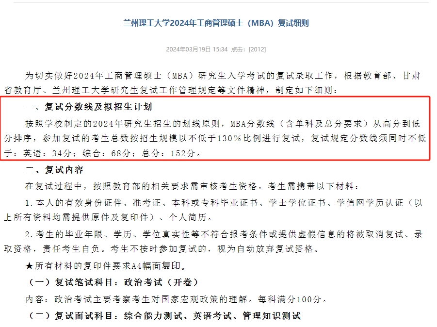 兰州理工大学2024年MBA复试分数线
