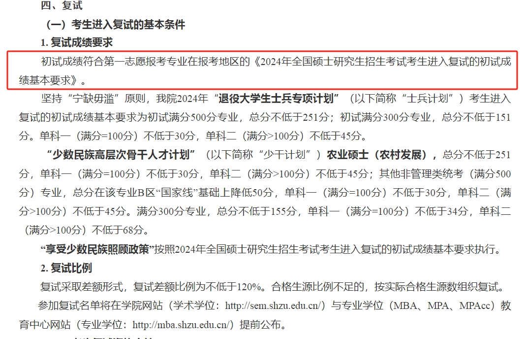 石河子大学经济与管理学院2024年MBA复试分数线