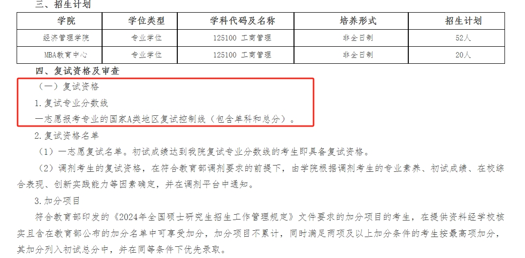 江西理工大学2024年MBA复试分数线