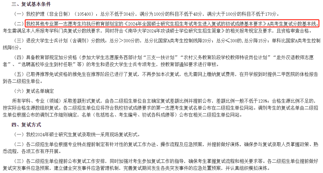 南华大学2024年MBA复试分数线
