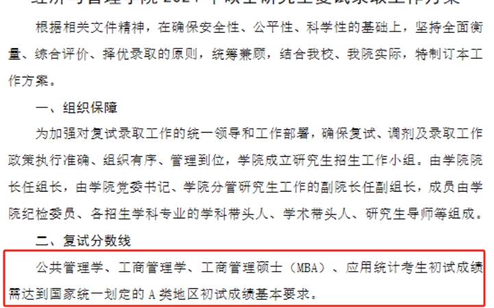 东华理工大学2024年MBA复试分数线